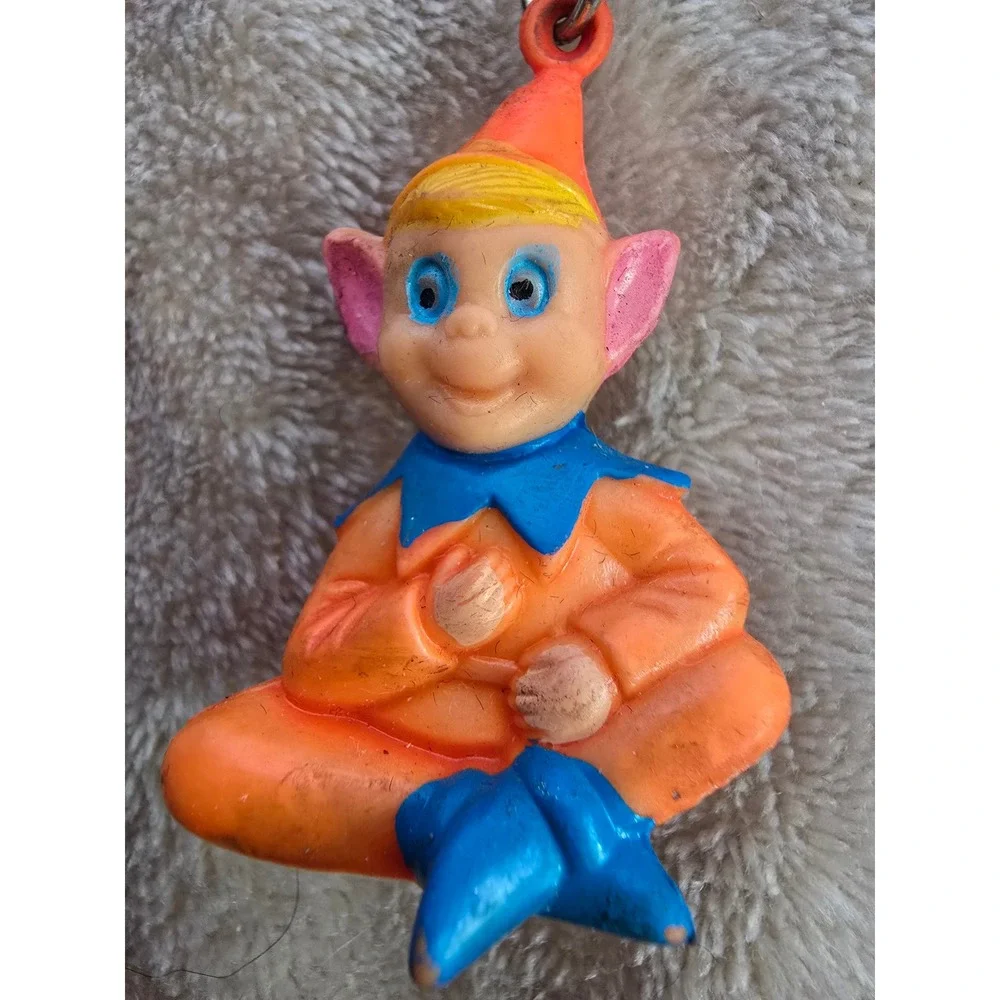 Vintage Rubber Elf Keychain Hong Kong Pixie Troll Figure Orange Blue Retro